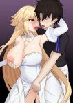  1boy 1girl antenna_hair archetype_earth arcueid_brunestud black_shirt blonde_hair blush breasts brown_hair cleavage closed_eyes commentary_request commission detached_sleeves dress fate/grand_order fate_(series) fingering fujimaru_ritsuka_(male) gold_trim grabbing_another's_breast groping hand_on_another's_head hetero high_collar highres large_breasts long_hair looking_at_another momosuke_(user_pupa3454) nipples open_mouth pants pixiv_commission pussy_juice red_eyes saliva saliva_trail sex sex_from_behind shirt sidelocks standing t-shirt teeth tongue tongue_out upper_teeth_only white_dress white_pants white_sleeves 