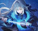 1girl artist_name commentary crossed_bangs double-parted_bangs eiyuu_densetsu floating_neckwear half_updo highres holding holding_sword holding_weapon kai_no_kiseki katana koyagistock kuro_no_kiseki_(series) long_hair loose_clothes shizuna_rem_misurugi simple_background sword sword_tassel tassel weapon weapon_tassel white_hair 