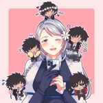  +++ 1boy 1girl babigonice black_hair black_jacket blue_gloves blue_vest blush braid clive_rosfield clive_rosfield_(hellfire_jacket) commentary dissidia_duellum_final_fantasy dissidia_final_fantasy english_commentary english_text final_fantasy final_fantasy_xvi flower flying_sweatdrops gloves grey_hair hair_flower hair_ornament heart hetero highres holding holding_another's_hair holding_phone jacket jill_warrick long_hair looking_at_viewer mini_person miniboy on_head on_shoulder one_eye_closed open_clothes open_jacket open_mouth phone pink_background shirt short_hair single_glove sparkle straight-on sunglasses upper_body vest white_flower white_shirt 