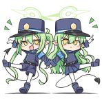  2girls :< :d armband belt belt_buckle black_belt blue_archive blue_boots blue_hat blue_jacket blue_shorts blue_skirt blush_stickers boots buckle chibi closed_mouth commentary_request demon_tail fang green_hair guriin halo hat highres hikari_(blue_archive) jacket long_hair multiple_girls notice_lines nozomi_(blue_archive) pantyhose pantyhose_under_shorts pleated_skirt pointy_ears shadow shako_cap shoe_soles shorts siblings sisters skirt smile tail translation_request twins twintails very_long_hair white_background white_pantyhose yellow_eyes 