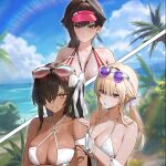  3girls arm_strap arm_under_breasts artist_request bikini black_nails blonde_hair blue_sky bow bracelet breasts brown_eyes cleavage closed_mouth cloud collarbone criss-cross_halter dark-skinned_female dark_skin day earrings front-tie_bikini_top front-tie_top game_asset goddess_of_victory:_nikke goggles goggles_on_head hair_bow hair_intakes hair_over_one_eye halo halterneck hand_on_another's_shoulder highres hoop_earrings jewelry lanyard large_breasts looking_at_viewer low_twintails marciana_(marine_study)_(nikke) marciana_(nikke) mole mole_on_breast mole_under_mouth multiple_girls naga_(nikke) naga_(ring_ensemble)_(nikke) necklace non-web_source o-ring o-ring_bikini ocean official_alternate_costume official_alternate_hairstyle official_art palm_tree parted_lips ponytail purple-tinted_eyewear red_slingshot_swimsuit self-datamine sidelocks single_sidelock skindentation sky slingshot_swimsuit swimsuit tia_(nikke) tia_(sea_lizzie)_(nikke) tinted_eyewear tree twintails upper_body white_bikini white_bow yellow_eyes 