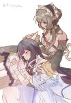  2girls arm_ribbon bare_shoulders black_collar black_hair black_sleeves blue_eyes bonnet bow braid braided_base breasts brown_hair bun_with_braided_base cleavage closed_eyes collar columbina_(genshin_impact) commentary_request detached_collar detached_sleeves dress genshin_impact hair_bun hair_ribbon hand_on_another's_head head_wings highres lap_pillow lemura long_hair long_sleeves looking_at_another multicolored_hair multiple_girls parted_lips purple_hair ribbon sandrone_(genshin_impact) simple_background sleeping strapless strapless_dress thai_commentary twitter_username white_background white_bow white_dress white_ribbon white_wings winding_key wings wrist_bow yuri 