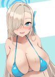  1girl asuna_(blue_archive) bare_shoulders bikini blonde_hair blue_archive blue_bikini blue_eyes blue_halo blush breasts cleavage collarbone commentary_request hair_over_one_eye hair_ribbon halo highres large_breasts long_hair looking_at_viewer masa_(masa_craft_twi) mole mole_on_breast open_mouth ribbon smile solo swimsuit very_long_hair 