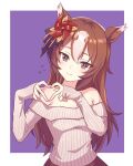  1girl alternate_hair_length_(longer) alternate_hairstyle animal_ears bare_shoulders blush breasts brown_eyes brown_hair closed_mouth commentary_request four-finger_heart_hands hair_between_eyes hair_ornament heart heart_hands highres horse_ears horse_girl long_hair long_sleeves looking_at_viewer multicolored_hair off-shoulder_sweater off_shoulder pinwheel pinwheel_hair_ornament shibamochi_(rain178straw) simple_background small_breasts smile solo streaked_hair sweater umamusume white_hair white_sweater yaeno_muteki_(umamusume) 