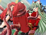  1girl 2000s_(style) blue_eyes blush breasts censored covered_nipples day elixir_rose game_asset grabbed_by_tentacles green_hair headdress kagashima_itsuki large_breasts lifting_person long_hair magical_girl mahou_senshi_(series) mahou_senshi_elixir_knights mosaic_censoring non-web_source official_art open_mouth outdoors pointy_ears rape saitou_natsuki self-datamine solo tentacle_sex tentacles torn_clothes variant_set visual_novel_cg 