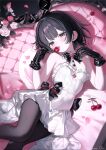  0kizakura 1girl animal_ears bare_shoulders black_bow black_bowtie black_eyes black_gloves black_hair black_pantyhose blush bow bowtie breasts cherry detached_collar dress fake_animal_ears flower food frilled_dress frills fruit gloves highres holding holding_food leather leather_gloves looking_at_viewer lying medium_hair original pantyhose petals rabbit_ears rose small_breasts solo strapless tongue tongue_out white_dress 