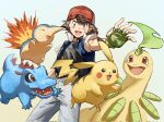  1boy aihara-rina ash_ketchum baseball_cap bayleef black_hair black_shirt blue_jacket blue_pants commentary_request cyndaquil dated denim feet_out_of_frame fingerless_gloves gloves gradient_background green_gloves hat highres jacket jeans jumping looking_at_viewer open_clothes open_hand open_jacket open_mouth outstretched_hand pants pikachu pokemon pokemon_(anime) pokemon_(classic_anime) pokemon_(creature) popped_collar red_hat shirt short_hair short_sleeves totodile 