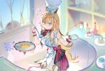  1girl absurdres ahoge apron blonde_hair blue_eyes blush bow chef_hat commentary cowboy_shot english_commentary escoffier_(genshin_impact) fork_hair_ornament genshin_impact hair_ornament hat heart heart_in_eye highres holding holding_ladle holding_plate ladle long_hair plate ranersha1 smile solo standing symbol_in_eye white_apron wrist_cuffs 
