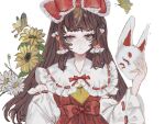  1girl animal ascot bad_id bad_tumblr_id brown_hair bug butterfly collar detached_sleeves flower fox_mask hair_ribbon hair_tubes hakurei_reimu highres holding holding_mask light_frown long_hair looking_at_viewer mask nontraditional_miko red_ribbon ribbon solo sunflower touhou upper_body white_background wide_sleeves yellow_ascot yume_no_land 