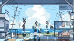  2girls blue_hair commentary_request grass guest_art hand_on_another's_head highres looking_at_another multiple_girls ocean official_art pixiv power_lines rokuban_(6thavenue) shoujo_rei_(vocaloid) skirt standing train_station train_station_platform wind 