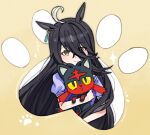  1girl ahoge animal_ears black_hair bow bowtie cat closed_mouth ear_tag earrings hair_between_eyes holding holding_pokemon horse_ears horse_girl jewelry litten long_bangs long_hair long_hair_between_eyes looking_at_viewer manhattan_cafe_(umamusume) multicolored_hair open_mouth pokemon pokemon_(creature) puffy_short_sleeves puffy_sleeves purple_bow purple_bowtie purple_shirt sailor_collar sailor_shirt saramiao-chan school_uniform shirt short_sleeves single_earring smile summer_uniform tracen_school_uniform umamusume white_hair white_sailor_collar yellow_eyes 