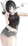  1girl animal_ears antenna_hair belt black_hair black_tank_top cross cross_necklace denim denim_shorts desert_eagle gun handgun highres jewelry necklace original shell_casing short_hair shorts tank_top weapon white_background yonq98 