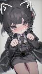  1girl black_bow black_bowtie black_coat black_hair black_necktie black_skirt blurry bow bowtie coat collared_shirt commentary_request cowboy_shot depth_of_field drawn_ears drawn_whiskers grey_eyes grey_shirt highres korean_commentary kurobe_nanoka long_hair looking_at_viewer mahou_shoujo_no_majo_saiban necktie official_alternate_costume paw_pose pencil_skirt shirt simple_background skirt solo tollight white_background 