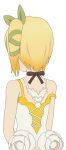  1girl artist_request blonde_hair bow brown_bow brown_choker choker dress edna_(tales) facing_away from_behind game_asset green_ribbon multiple_dresses official_art ribbon short_hair shoulder_blades side_ponytail simple_background solo standing strap_slip tales_of_(series) tales_of_zestiria third-party_source transparent_background upper_body white_dress yellow_dress 
