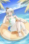  1girl :d absurdres alternate_costume barefoot blue_sky blurry blurry_foreground braid breasts cecilia_immergreen cloud colored_inner_hair commentary covered_navel day doll doll_joints double-parted_bangs fang full_body green_eyes green_hair green_streaks grey_hair hair_between_eyes hair_ornament hand_up highres hololive hololive_english joints looking_at_viewer multicolored_hair nurizza_ilst ocean on_innertube one-piece_swimsuit open_mouth outdoors short_hair side_braid single_braid sitting skin_fang sky small_breasts smile smug soles solo streaked_hair swimsuit toes untranslatable_commentary virtual_youtuber white_one-piece_swimsuit winding_key 