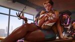  1girl arm_support azuma_yasuo belt black_hair black_skirt blonde_streaks breasts brown_lips business_chic_domina coat coat_on_shoulders covering_breasts covering_privates crossed_legs dark-skinned_female dark_skin desk domina_(overwatch) earrings extra_arms fingernails glasses gold_belt heart heart_earrings highres holding holding_removed_eyewear huge_breasts jewelry long_fingernails mature_female mechanical_arms monitor multicolored_hair no_bra official_alternate_costume official_alternate_hairstyle on_desk open_clothes open_shirt overwatch pantyhose parted_lips pencil_skirt purple_nails seductive_smile skindentation skirt smile solo streaked_hair thick_thighs thighs unworn_eyewear wide_hips 