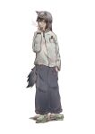  1girl absurdres alternate_costume animal_ear_fluff animal_ears arknights black_hair black_pants black_tail brown_eyes chinese_commentary cigarette commentary_request crocs full_body grey_jacket hair_between_eyes hand_in_pocket heart highres jacket long_sleeves medium_hair momo_ranx object_in_pocket pants pocket simple_background smoke smoking solo standing tail texas_(arknights) white_background wolf_ears wolf_girl wolf_tail zipper_pull_tab 