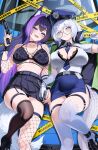  2girls 4ddd absurdres animal_ear_fluff animal_ears asymmetrical_legwear belt between_breasts black_belt black_bra black_choker black_panties black_shoes black_skirt black_thighhighs blue_car blue_eyes blue_hat blue_necktie blue_skirt borrowed_character bra bra_peek branch breasts car caution_tape chain character_request choker clothes_between_breasts collared_shirt commentary commission crop_top crossed_bangs cuffs diagonal-striped_clothes diagonal-striped_necktie dragon_girl dragon_tail dress_shirt english_commentary facial_tattoo fishnet_thighhighs fishnet_top fishnets foot_out_of_frame fox_ears fox_girl fox_tail garter_straps glasses gloves green_jacket grin gun handcuffs handgun hat highres holding holding_gun holding_weapon id_card jacket jacket_on_shoulders lace lace-trimmed_bra lace_choker lace_trim large_breasts leaf light_blush long_hair looking_at_viewer lying miniskirt mismatched_legwear motor_vehicle multiple_girls necktie necktie_between_breasts on_back on_car open_mouth original panties pantyshot partially_unbuttoned peaked_cap pencil_skirt pixiv_commission pleated_skirt police police_hat police_uniform policewoman purple_hair round_eyewear shirt shoes short_hair side_slit single_garter_strap skirt smile striped_clothes striped_necktie symbol-shaped_pupils tail tattoo thigh_strap thighhighs trigger_discipline underwear very_long_hair weapon white_gloves white_hair white_shirt x-shaped_pupils 