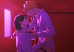  2boys black_hair blonde_hair bottomless caheoarts chocolate clothes_grab commentary dress_shirt english_commentary face-to-face from_side grabbing_another's_necktie haikyuu!! highres hinata_shouyou indoors kozume_kenma male_focus multicolored_hair multiple_boys necktie necktie_grab neckwear_grab nipples no_pants open_clothes open_shirt orange_hair red_necktie shirt shirt_stay tongue twitter_username two-tone_hair white_shirt yaoi 