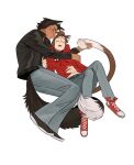  2boys animal_ears animal_print black_hair black_jacket blue_pants brown_hair cat_boy cat_ears cat_tail closed_eyes collared_jacket commentary converse curtained_hair dark-skinned_male dark_skin denim dingnin98201637 drooling highres hood hoodie jacket jeans kemonomimi_mode long_sleeves lying male_focus marvel miguel_o'hara multiple_boys on_back on_side open_mouth pants peter_b_parker popped_collar red_hoodie red_shoes shoes short_hair simple_background sleeping spider-man:_across_the_spider-verse spider-man_(series) spider-verse spider_print tail white_background 