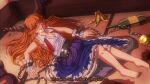  1990s_(style) 1girl banana_peel barefoot blush bottle breasts brown_horns chain cleavage commentary english_commentary english_text faux_retro_artstyle full_body gourd highres horns ibuki_suika long_hair looking_at_viewer on_floor open_mouth orange_eyes orange_hair orb purple_skirt retro_artstyle ribbon-trimmed_skirt ribbon_trim sake_bottle shirt skirt sleeveless sleeveless_shirt small_breasts smile solo step_arts tatami touhou very_long_hair white_shirt wrist_cuffs 