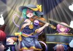  3girls :3 :o alternate_costume animal_ears black_dress black_hat blue_dress bow_(music) breasts camera cat_ears cleavage closed_eyes closed_mouth collarbone commentary cowboy_shot crystal curtains disembodied_linked_eye dress fang floral_print floral_print_dress frilled_sleeves frills grand_piano green_hair hat hat_ribbon heart heart_of_string highres hitodama holding holding_camera holding_instrument holding_violin instrument kaenbyou_rin koishi_day komeiji_koishi komeiji_satori multiple_girls off-shoulder_dress off_shoulder piano pink_hair playing_instrument playing_piano playing_violin print_dress recording red_eyes red_hair ribbon rion_(user_ufvg8527) rose_print short_hair short_sleeves sitting small_breasts smile spaghetti_strap spotlight standing strapless strapless_dress sun_hat tablet_pc touhou untranslatable_commentary violin when_you_see_it yellow_ribbon 