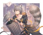  ! 1boy animal_ear_fluff animal_ears apple apple_core black_gloves black_jacket border caelus_(honkai:_star_rail) chinese_commentary city collarbone commentary_request cowboy_shot fingerless_gloves food food_bite fruit gloves grey_hair hair_between_eyes hand_up highres holding_trash_can honkai:_star_rail honkai_(series) hood hooded_jacket jacket kemonomimi_mode long_sleeves looking_at_viewer male_focus open_clothes open_jacket outline raccoon_boy raccoon_ears raccoon_tail ribbon sang_yu_qwq shirt short_hair smile solo spoken_exclamation_mark t-shirt tail trailblazer_(honkai:_star_rail) trash trash_bag trash_can trashcan_lid two-sided_fabric two-sided_jacket white_border white_outline white_shirt yellow_eyes yellow_jacket 