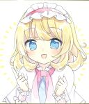  1girl :d alice_margatroid ascot blonde_hair blue_eyes capelet commentary_request frilled_hairband frills hairband highres index_finger_raised kagome_f looking_at_viewer open_mouth red_ascot red_hairband short_hair smile solo touhou traditional_media upper_body white_background white_capelet wrist_cuffs 
