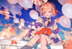  1girl amanogawa_shiina amanogawa_shiina_(sailor) anchor_print balloon beret black_hat bow braid fork frilled_sailor_collar frills hat hat_bow holding holding_fork merchandise_available official_art on_railing open_mouth orihira phase_connect pleated_skirt purple_bow purple_eyes purple_sailor_collar purple_skirt railing ribbon sailor_collar scissors_hair_ornament second-party_source skirt socks solo virtual_youtuber white_ribbon white_socks 