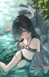  1girl absurdres arenoyoni armpit_crease bikini black_bikini black_hair black_robe blue_archive blue_butterfly braid braid_over_shoulder breasts bug butterfly commentary feet_out_of_frame grey_eyes grey_halo hair_ornament halo highres kisaki_(blue_archive) kisaki_(swimsuit)_(blue_archive) long_hair looking_at_viewer navel official_alternate_costume official_alternate_hairstyle open_mouth outdoors robe side_braid single_off_shoulder sleeves_past_wrists small_breasts solo sunglasses swimsuit very_long_hair 