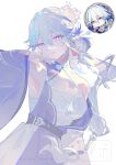  1girl absurdres bare_shoulders blue_dress blue_eyes blue_hair blue_nails breasts cleavage closed_mouth commentary cow detached_sleeves diamond-shaped_pupils diamond_(shape) dress earrings grey_hair hair_between_eyes hand_up highres honkai:_star_rail honkai_(series) jewelry large_breasts long_hair looking_at_viewer low-tied_long_hair luzi/fengli_nanzi multicolored_eyes multicolored_hair nail_polish official_alternate_costume official_art_inset pink_eyes reference_inset ring simple_background smile solo streaked_hair symbol-shaped_pupils tassel tassel_earrings two-tone_dress two-tone_eyes very_long_hair white_background white_dress wide_sleeves yao_guang_(ethereal_dance)_(honkai:_star_rail) yao_guang_(honkai:_star_rail) 