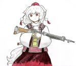  animal_ears battle_rifle commentary_request gun hat highres holding holding_gun holding_weapon howa_type_64 inubashiri_momiji long_sleeves medium_hair mizubachi_158 red_eyes red_hat red_skirt rifle skirt tail tokin_hat touhou weapon white_background wolf_ears wolf_girl wolf_tail 