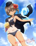  1girl bikini black_bikini black_jacket breasts brown_eyes brown_hair cleavage clenched_teeth commission cross flower front-tie_bikini_top front-tie_top garrison_cap girls_und_panzer hair_flower hair_ornament half-closed_eye hat highres jacket jacket_on_shoulders key_(gaigaigai123) kuromorimine_military_uniform nishizumi_maho short_hair sky solo swimsuit tanlines teeth water water_gun 