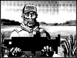  1boy animal baseball_cap beard cigarette facial_hair fish fishing grass greyscale hat holding holding_animal holding_fish jacket lake long_sleeves looking_at_viewer male_focus monochrome ncesium old old_man original outdoors pixel_art retro_artstyle solo 
