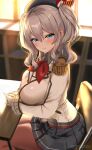  1girl absurdres beret black_hat blue_eyes blue_skirt breasts epaulettes frilled_sleeves frills gloves grey_hair hair_between_eyes hat highres jacket kantai_collection kashima_(kancolle) large_breasts long_hair long_sleeves looking_at_viewer military_jacket military_uniform miniskirt neckerchief pleated_skirt red_neckerchief sidelocks sitting skirt smile solo twintails user_mgmt8473 wavy_hair white_gloves 