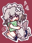  1girl apron bomb_item_(touhou) braid commentary_request full_body highres hugging_object izayoi_sakuya looking_at_viewer maid_headdress shigure._(tennensui) short_sleeves solo touhou twin_braids waist_apron white_apron white_headdress 