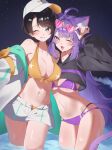  2girls :d ;d adapted_costume adjusting_eyewear ahoge alternate_costume animal_ears aqua_jacket arm_up baseball_cap bikini black_hair black_hoodie blue_eyes blunt_bangs breasts cat_ears cat_girl cat_tail cleavage commentary cropped_hoodie eyewear_on_head front-tie_bikini_top front-tie_top grin hat heart heart-shaped_eyewear highres hololive hood hoodie jacket large_breasts long_hair looking_at_viewer multi-strapped_bikini_bottom multiple_girls navel nekomata_okayu night off_shoulder one_eye_closed oozora_subaru open_fly outdoors pendora1022 purple_bikini purple_eyes short_hair short_shorts shorts smile stomach sunglasses swept_bangs swimsuit tail two-sided_fabric two-sided_jacket untranslatable_commentary very_long_hair virtual_youtuber wading white_hat white_jacket white_shorts yellow_bikini 
