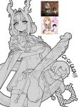  2girls absurdres arknights arknights:_endfield blush chibi chibi_inset crossed_arms double_bun dragon_girl dragon_horns dragon_tail dress endministrator_(arknights) erection female_endministrator_(arknights) frown futanari garter_straps greyscale hair_bun hair_intakes highres horns huge_penis large_testicles monochrome multiple_girls penis pointy_ears reference_inset shangdong si_(arknights) simple_background tail tail_bondage testicles tiara uncensored v-shaped_eyebrows veins veiny_penis white_background 