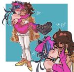  2girls black_boots black_choker black_hair blue_background blue_bow blush boots bow breasts brown_hair brown_jacket carrying choker cleavage closed_eyes closed_mouth commentary danganronpa_(series) danganronpa_10th_anniversary_costume danganronpa_2:_goodbye_despair dark-skinned_female dark_skin dress ear_piercing earrings elbow_gloves eyelashes face_piercing fingernails fur-trimmed_jacket fur_trim gloves green_eyes hair_between_eyes hair_bow hair_horns hair_ornament hair_scrunchie hand_on_another's_face high_heels hug jacket jacket_on_shoulders jewelry kiss large_breasts lips liyah_jpg long_hair medium_hair mioda_ibuki mouth_piercing multicolored_hair multiple_girls multiple_views nose_blush nose_piercing official_alternate_costume official_alternate_hairstyle one_eye_closed open_mouth outline owari_akane pants piercing pink_bow pink_dress pink_gloves ponytail princess_carry scrunchie shirt shoes simple_background skirt smile spiked_choker spikes standing tan too_many_bows triangle_earrings two-tone_hair untranslatable_commentary white_hair white_outline white_pants white_shirt white_skirt yellow_shoes yuri 