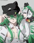  1girl absurdres adidas adjusting_clothes adjusting_headwear animal_ears animal_hat aotu_world artist_name bag black_eyes black_hat bra breasts cameo cat_hat cathon613 character_charm character_name charm_(object) chinese_commentary commentary_request crossed_bangs earrings energy_drink fake_animal_ears fashion godrose_(aotu_world) green_hair green_nails grey_background hair_between_eyes hat heterochromia highres jacket jewelry long_sleeves looking_at_viewer medium_breasts midriff monster_energy multiple_views nike_(company) open_clothes open_jacket pants parted_lips pink_eyes pointy_ears red_pupils reid_(aotu_world) shoes shoulder_bag simple_background sneakers sports_bra sportswear streetwear teeth track_jacket track_pants track_suit under_armour underwear white_bra white_jacket white_pants white_shoes zuma_(aotu_world) 