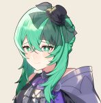  1girl absurdres armor ascot blush_stickers bow breasts closed_mouth commission commissioner_upload crossed_bangs fascinator fire_emblem fire_emblem:_fortune's_weave frown green_eyes green_hair grey_background hair_between_eyes hat hat_bow highres looking_at_viewer mini_hat ninae_(fire_emblem) non-web_source portrait purple_ascot shiimidori short_hair_with_long_locks shoulder_armor simple_background small_breasts solo upper_body 