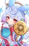  1girl absurdres apron aqua_bow aqua_dress aqua_shirt blue_hair bow bowtie commentary_request dress genshin_impact gloves hair_between_eyes hair_ornament hat highres holding holding_weapon long_sleeves looking_at_viewer melusine_(genshin_impact) multicolored_hair nekot0_sabu nurse_cap pink_bow pink_eyes pom_pom_(clothes) pom_pom_hair_ornament puffy_sleeves red_bow red_bowtie ribbon shirt short_hair sigewinne_(genshin_impact) simple_background solo upper_body weapon white_apron white_background white_gloves white_hat 