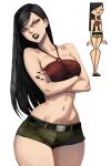  1girl absurdres angry belt black_belt black_hair black_lips black_nails breasts clenched_teeth collarbone commentary cowboy_shot crop_top crossed_arms english_commentary eyeshadow fingernails green_shorts grey_eyes halterneck heather_(total_drama) hex_mamaso highres large_breasts linea_alba long_fingernails long_hair looking_at_viewer makeup navel o-ring o-ring_top parted_lips red_eyeshadow red_shirt reference_inset shirt short_shorts shorts solo stomach teeth thighs tight_clothes total_drama v-shaped_eyebrows 