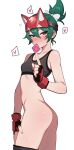  1girl absurdres ass black_gloves blush bottomless bow breasts brown_eyes condom condom_in_mouth condom_wrapper facial_mark fingerless_gloves geerux gloves green_hair hair_between_eyes hair_bow heart highres kiriko_(overwatch) looking_at_viewer mouth_hold overwatch short_hair simple_background small_breasts solo spoken_heart thighs white_background white_bow 