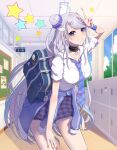  1girl absurdres ahoge bag blue_streaks breast_pocket breasts clothes_around_waist commentary ember_amane english_commentary grey_hair hair_bun hair_ornament hallway highres jacket jacket_around_waist long_hair mariebell mole mole_under_eye multicolored_hair necktie phase_connect pink_nails pink_streaks plaid_clothes plaid_skirt pocket purple_eyes purple_necktie school_bag school_uniform second-party_source shadow shirt skirt smile solo star_(symbol) streaked_hair v white_shirt wing_hair_ornament 