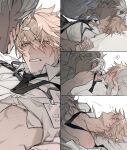  ... 2boys ^^^ alternate_costume anger_vein angry bare_shoulders black_necktie blonde_hair blush breast_sucking closed_eyes collarbone collared_shirt covered_eyes covering_another's_mouth dark-skinned_male dark_skin fingernails french_kiss from_side grey_hair grey_shirt gyulseu hair_between_eyes hand_on_another's_face hand_on_another's_head hand_up highres holding_another's_wrist honkai:_star_rail honkai_(series) id_card kiss long_hair long_sleeves looking_at_another looking_up lying male_focus moaning multiple_boys multiple_views nanook_(honkai:_star_rail) neck_tattoo necktie nipples on_back on_bed open_clothes open_mouth open_shirt orange_eyes pectorals phainon_(honkai:_star_rail) phainon_(khaslana)_(honkai:_star_rail) pillow pillow_grab shirt short_hair shoulder_boards simple_background speech_bubble spoken_anger_vein spoken_ellipsis sun_symbol sun_tattoo sweatdrop tattoo teeth tongue tongue_out v-shaped_eyebrows white_background white_shirt yaoi 