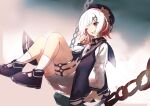  1girl beret black_choker black_coat black_hat black_shoes chain choker coat collared_coat commentary flower flower-trimmed_sleeves full_body gradient_hair hair_flower hair_ornament hat hat_flower hat_ribbon long_sleeves looking_at_viewer mahou_shoujo_no_majo_saiban multicolored_hair neck_ribbon o-ring o-ring_thigh_strap one_eye_closed pants pink_eyes pink_hair ribbon sakuraba_ema shirt shoes short_hair shorts sleeveless sleeveless_coat socks solo thigh_strap white_flower white_hair white_pants white_ribbon white_shirt white_shorts white_sleeves white_socks x_hair_ornament zeitaku_potato 