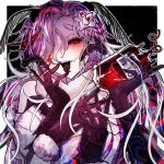  1girl 3am antennae arthropod_girl black_sclera black_tongue blood blood_bag blood_on_face breasts cleavage colored_sclera dress extra_arms flower hair_flower hair_ornament hair_over_one_eye highres long_hair looking_at_viewer lyra_calyptra midori_annte23 moth_antennae moth_girl multicolored_hair open_mouth red_eyes red_hair solo virtual_youtuber white_dress white_flower white_hair 