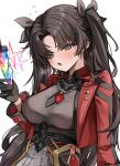  1girl absurdres black_gloves black_hair black_shirt blue_eyes blush breasts commentary earrings fate/stay_night fate/unlimited_blade_works fate_(series) gem gloves highres hoangryu honkai:_star_rail honkai_(series) hoop_earrings jacket jewelry large_breasts long_hair looking_at_viewer red_gem red_jacket rin's_pendant_(fate) shirt simple_background skirt solo tohsaka_rin tohsaka_rin_(honkai:_star_rail) two_side_up white_background white_skirt zelretch_sword 