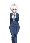  18sai_4 1girl absurdres ahoge arms_behind_back astrae_oratio belt belt_buckle between_breasts black_belt blue_eyes blue_jacket blue_necktie blue_pants blue_suit blunt_bangs blush breasts buckle bulge business_suit closed_mouth clothes_between_breasts collared_shirt commentary covered_penis dress_shirt erection erection_under_clothes feet_out_of_frame futanari glasses hair_intakes highres hiwagishiakari_ai huge_penis id_card impossible_clothes impossible_jacket jacket lanyard lapel_pin lapels large_breasts lipstick looking_at_viewer makeup necktie necktie_between_breasts nose_blush notched_lapels office_lady over-rim_eyewear pant_suit pants penis pink_lips red_pupils seductive_smile semi-rimless_eyewear shirt simple_background smile solo straight-on suit suit_jacket suit_pants taut_clothes taut_pants tight_clothes tight_pants variant_set white_background white_hair white_shirt wing_collar 